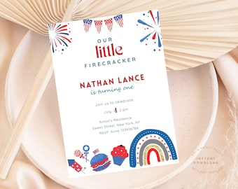 Boho Little Firecracker 1st Birthday Invitation, Cute 4th of July Birthday Invite, 4th of July Birthday Invitation, Patriotic Birthday Party