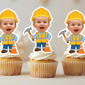 Printable Custom Construction Cupcake Toppers with Photo | Construction Birthday Party Decor | Boy Personalized Builder Theme Cupcake Picks