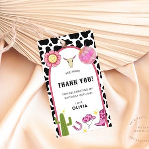 Bearbeitbare Disco Cowgirl Geburtstag Favor Tag, Pink Groovy Cowgirl Dankeschön Tag, Hippie Girl Rodeo Geburtstag Favor, Pink Rodeo Partydekorationen