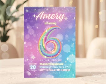 Editable Pink 6th Birthday Invitation, Glitter Party Invite, Girl 6th Invitation, Girl Sixth Birthday Party, Printable Canva Template