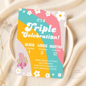 Groovy Dreier-Geburtstags-Einladung, Daisy Gemeinsame Geburtstagseinladung, Groovy Geschwister laden Retro Schwestern Triplet Bunte Einladungen ein