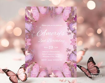 Invitación de cumpleaños de mariposa, fiesta de mariposas para niña, invitación de cumpleaños de mariposa morada, invitación para el primer cumpleaños, plantilla editable de Canva