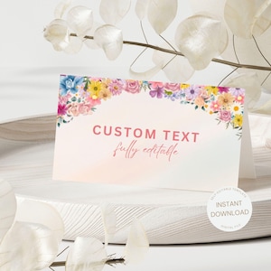 Modelo de cartões de lugar florais editáveis, etiqueta de barraca de comida para impressão de flores silvestres, decoração de festa de aniversário de buffet infantil faça você mesmo, jardim minimalista