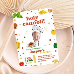 Convite personalizado para festa italiana com foto, convite de aniversário de pizza, convite digital Pasta Chef Our Little Meatball, tema de massa