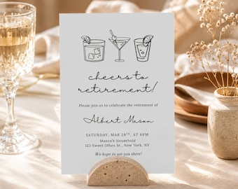 Editable Retirement Party Invitation Template | Cheers to Retirement Invite | Cocktail Drinks Minimalist Retirement Invite | Printable