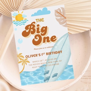 Editable Boy The Big One Surfing 1st Birthday Party Invitation Boho Retro Boy Surf Van Surfboard Beach Party Invite Instant Download