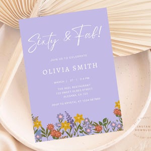 Sixty and Fab Floral 60 Years Loved Birthday Invitation Template, Wildflower 60th Birthday Invitation Women, Elegant Invite for Her Sixty