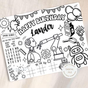 Robot Coloring Page, Printable Kids Coloring Page, Robot Birthday Party Activity Sheet, Boys Birthday Party PRINTABLE Placemat