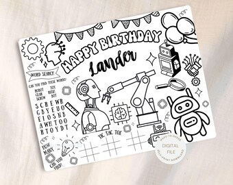 Robot Coloring Page, Printable Kids Coloring Page, Robot Birthday Party Activity Sheet, Boys Birthday Party PRINTABLE Placemat