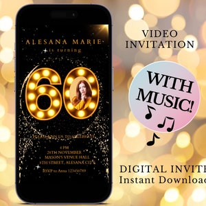 Electronic 60th birthday invitation, 60th Birthday Evite Editable CANVA TEMPLATE Gold Text Message E-Card || Smartphone Invite || Digital
