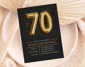 70th Birthday Invitation Elegant 70 Editable Digital Template Surprise 70th Birthday Party Evite Modern Gold and Black Invitation Canva