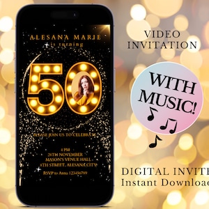 50th Birthday Party Invitation, Gold Black Digital 50th Glam Dinner Invite Template, Diamond Video Editable Brunch Itinerary