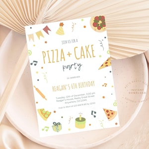 Pizza und Kuchen Geburtstagseinladung Bearbeitbare Vorlage, Neutrale Farbe Einfache Pizza Partyeinladung | Retro Pizza Geburtstag | Sofort Download