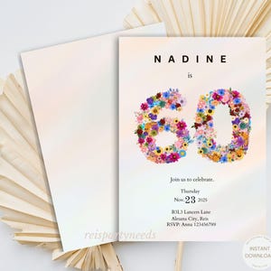 Minimal 60th Birthday Invite, Girl Editable Blush Pink, Girl Sixtieth Birthday Invitation Template, Princess theme Party invitation Sixty