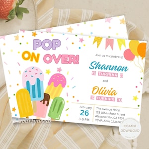 Fête d'anniversaire commune moderne - thème Popsicle - arc-en-ciel coloré - faire-part d'anniversaire modifiable entre frères et sœurs, fête d'été, invitation à une fête combinée
