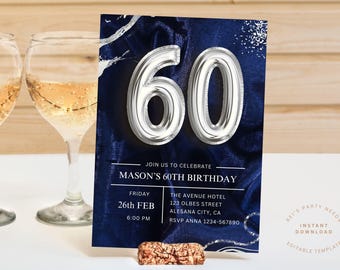 Navy Blue Silver & White 60th Birthday Invitation - Adult SIXTY Birthday Invite - Balloons 60 Birthday Party - Digital INSTANT download