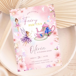 Fairytale Partea verjaardagsuitnodiging, bewerkbare grillige herfst verjaardagsuitnodiging, herfsttuin Fairy Tea Party bloemen voor meisjes, magisch feest