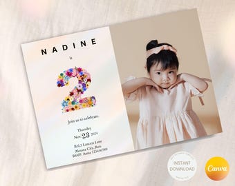 Minimal 2nd Birthday Invite with Photo, Girl Editable Blush Pink, Girl 2nd Birthday Invitation Template, Floral theme Party invitation, Two