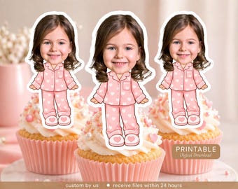 Adorno personalizado para cupcakes de fiesta de pijamas, decoración personalizada para cumpleaños de pijamada de niña, adorno imprimible para pastel con foto, adornos para fiesta de pijamas.