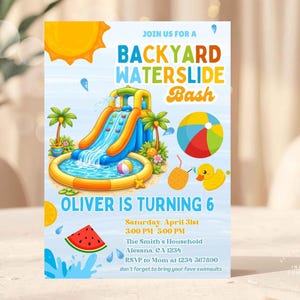 Invito di compleanno con scivolo acquatico in giardino, invito per festa estiva in piscina, invito per festa di compleanno per bambini con giochi d'acqua, modello Canva modificabile, compleanno per bambino