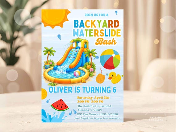 Backyard Waterslide Birthday Invitation Template, Summer Pool Party Invite, Kids Splash Party Invite, Editable Canva Template, Boy Birthday