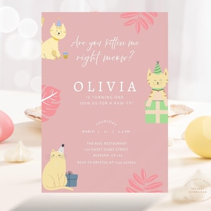 Invito modificabile a tema gatto rosa, invito di compleanno con gatti carini, festa di compleanno con gattini, andiamo a divertirci, modello digitale "Hai ragione, gattino?"
