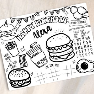 Burger birthday party placemats, burger party games, bbq party games, burger coloring and activity sheet, burger grill birthday party