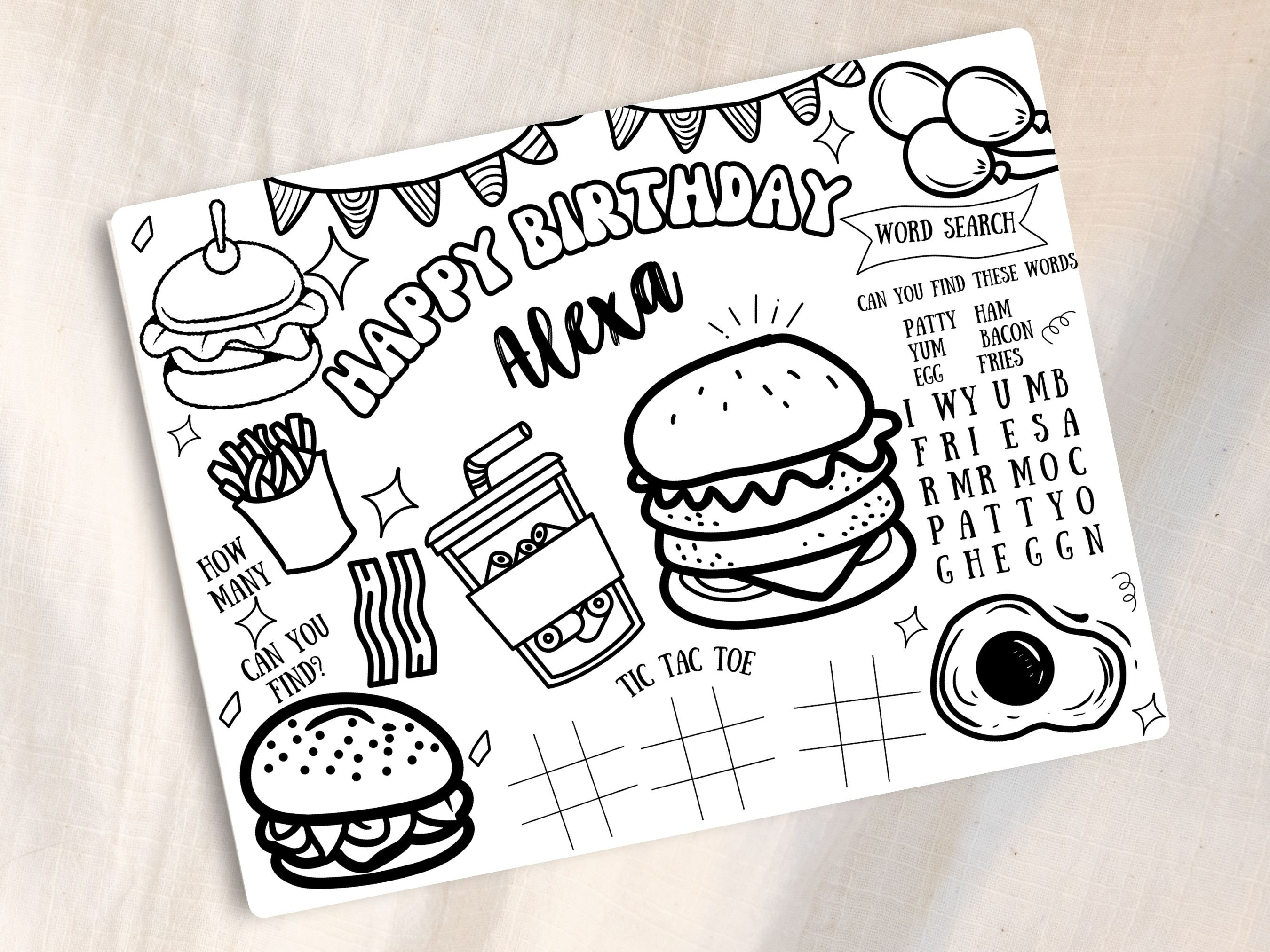 Burger birthday party placemats, burger party games, bbq party games, burger coloring and activity sheet, burger grill birthday party