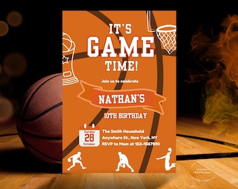 Invito di compleanno a tema basket modificabile, invito di compleanno per festa sportiva, tema sportivo, festa di compleanno per bambini, inviti stampabili a tema basket
