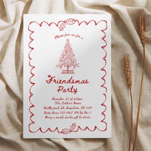 Fantazyjne, ręcznie rysowane zaproszenie na Friendsmas Edytowalny szablon, ręcznie pisane zaproszenie na świąteczną kolację, świąteczna karta Friendsmas