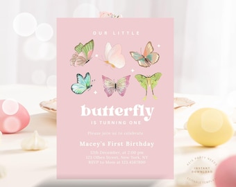Butterfly First Birthday Invitation | Butterfly Birthday Invite Girl | Pink Butterfly Editable Canva Invitation | Instant Download