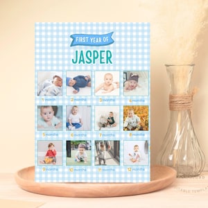 Sjabloon afdrukbare blauwe gingang baby's eerste jaar poster, 1e verjaardag fotocollage bord, bord babyjaar in foto's, blauwe mijlpaalgrafiek