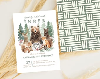 Woodland birthday invitation, Woodland 3rd birthday invitation, Young wild three Woodland Creatures Theme Template Instant download