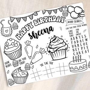 Personalized Cupcake activity sheet Cupcake placemats Cupcake coloring page Cupcake birthday party favors Cupcake table decor