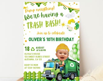 Custom Face Garbage Truck Birthday Invitation Printable Trash Dump Truck Invite Recycling Party, Boy Hand Drawn Trash Bash Photo Invitation