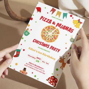 Editable Pizza and Pajamas Christmas Birthday Invitation Movie Night, Girls Birthday Invitation, Sleepover Party, Pizza Party, Kids Party