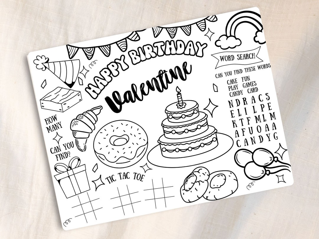 Birthday Party Coloring Placemat for Kids Editable Template, Birthday ...