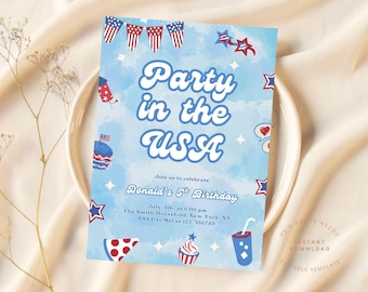 Boy Fourth of July Birthday Invitation, Party in the USA Birthday Invite Template, Red White & Blue 1st Birthday Evite Patriotic Party