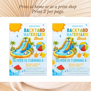 May include: Two invitations for a Backyard Waterslide Bash, featuring a colorful illustration of a waterslide, sun, and pool. The text reads "Oliver is turning 6" with event details. The invitations are designed to be printed at home.