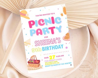 ピクニック誕生日招待状 ピンクの女の子の夏の裏庭の誕生日パーティー招待状 編集可能で印刷可能、ピンクのピクニック招待状デジタルテンプレート