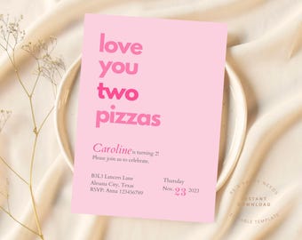 Plantilla de invitación para fiesta de pizza de segundo cumpleaños de niña Invitación italiana "Te amo a los dos" Invitación imprimible de fiesta de pizza de cumpleaños