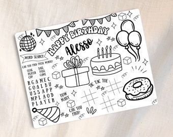 May include: A black and white printable birthday party activity sheet with a word search, tic-tac-toe game, and other fun activities. The sheet says "Happy Birthday Alesso".