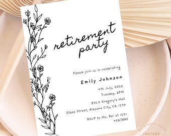 Plantilla minimalista de invitación para fiesta de jubilación: invitación editable e imprimible / descarga instantánea, invitación floral bohemia DIY de Canva