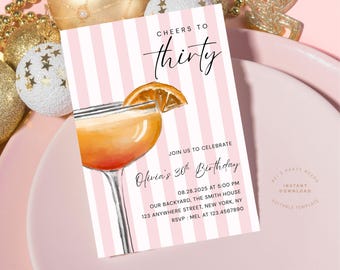 Invitación "Cheers To 30" (ilustración dibujada a mano), invitación rosa para su 30 cumpleaños, invitación estética de cumpleaños, cócteles, vino
