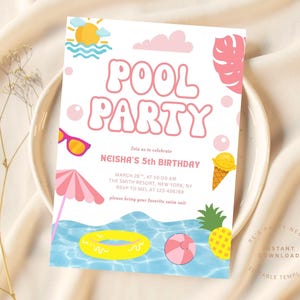 Modern Girls Pool Party Birthday Invitation Template Trendy Pool Party Birthday Party Invite Girls Teenage Invite Digital Download Pink