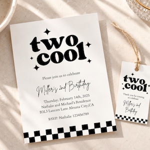 May include: A white rectangular invitation and a matching rectangular gift tag with twine, both featuring the black text two cool, star icons, and a black and white checkered border at the bottom. The invitation includes event details.