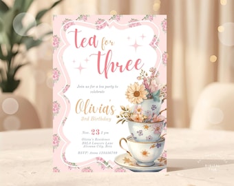 Invitación de té para tres, invitación de té caprichosa para el tercer cumpleaños, tercer cumpleaños de niña rosa, invitación de Partea, descarga instantánea