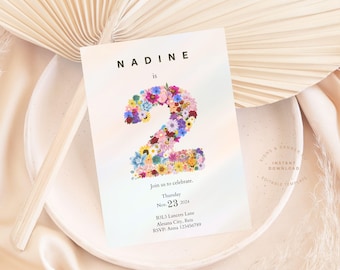 Invitation minimale du 2e anniversaire, fille rose blush modifiable, modèle d&#39;Invitation premier anniversaire fille, invitation à une fête sur le thème de la princesse