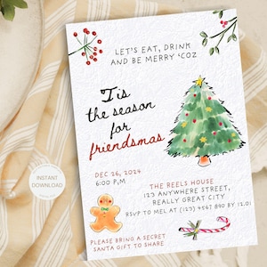 Hand drawn Friendsmas invitation Editable Template, Watercolor Graphic Illustration Christmas Party invitation, Whimsical Holiday party
