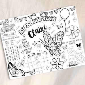 PERSONALIZED Butterfly Birthday Party Placemat Personalized Coloring Game Activity Table Decoration for Girl Printable Digital Butterfly